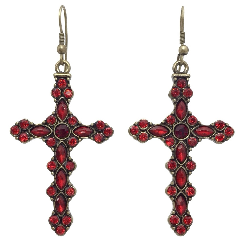 Red Rhinestone Burnished Gold Tone Dangle Earrings